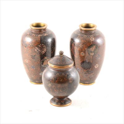 Lot 211 - A pair of cloisonné ovoid vases, ...