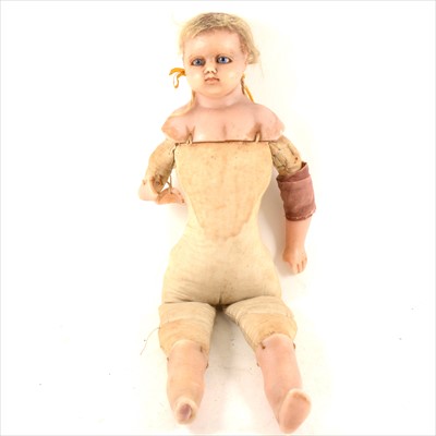 Lot 108 - Victorian wax doll, glass eyes, closed mouth, wax legs and arms, 50cm, a/f.