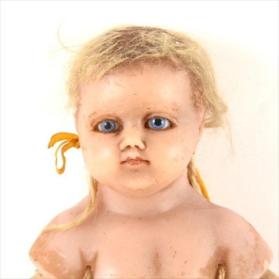 Lot 108 - Victorian wax doll, glass eyes, closed mouth, wax legs and arms, 50cm, a/f.