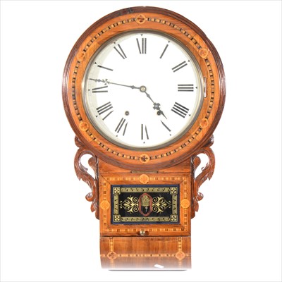 Lot 381 - An American type walnut and Tunbridge ware wall clock