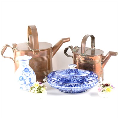 Lot 131 - Two copper watering cans, and a small section of ceramics.