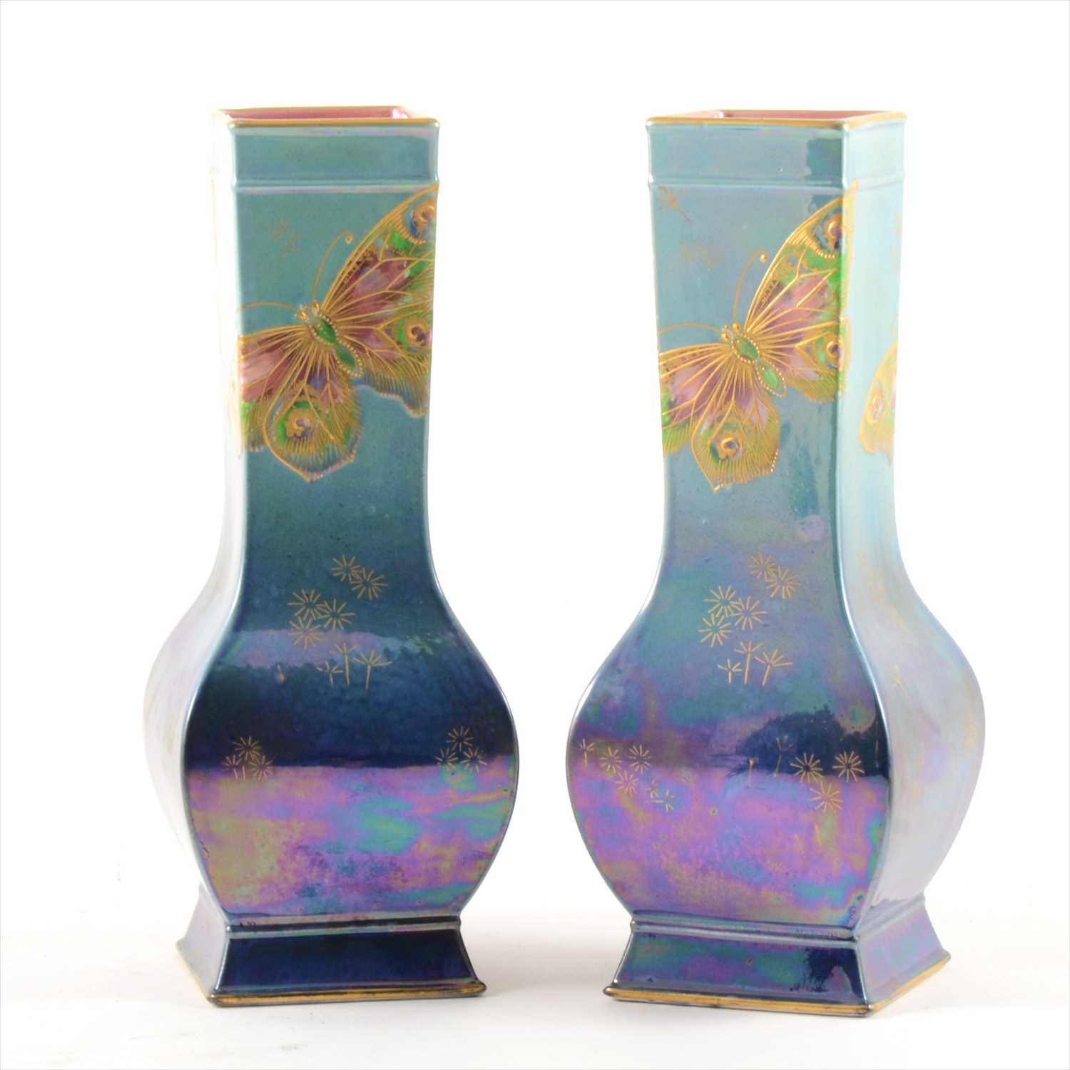 Lot 153 - A pair of lustred Butterfly vase, designed by Walter Slater for Shelley.