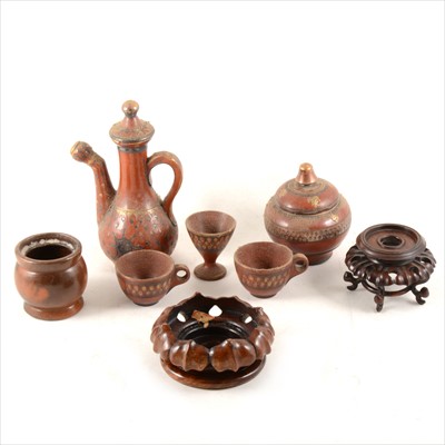 Lot 143 - A Turkish Tophane red clay/ terracotta silvered and gilt coffee set on tray,...
