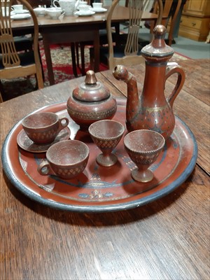 Lot 143 - A Turkish Tophane red clay/ terracotta silvered and gilt coffee set on tray,...