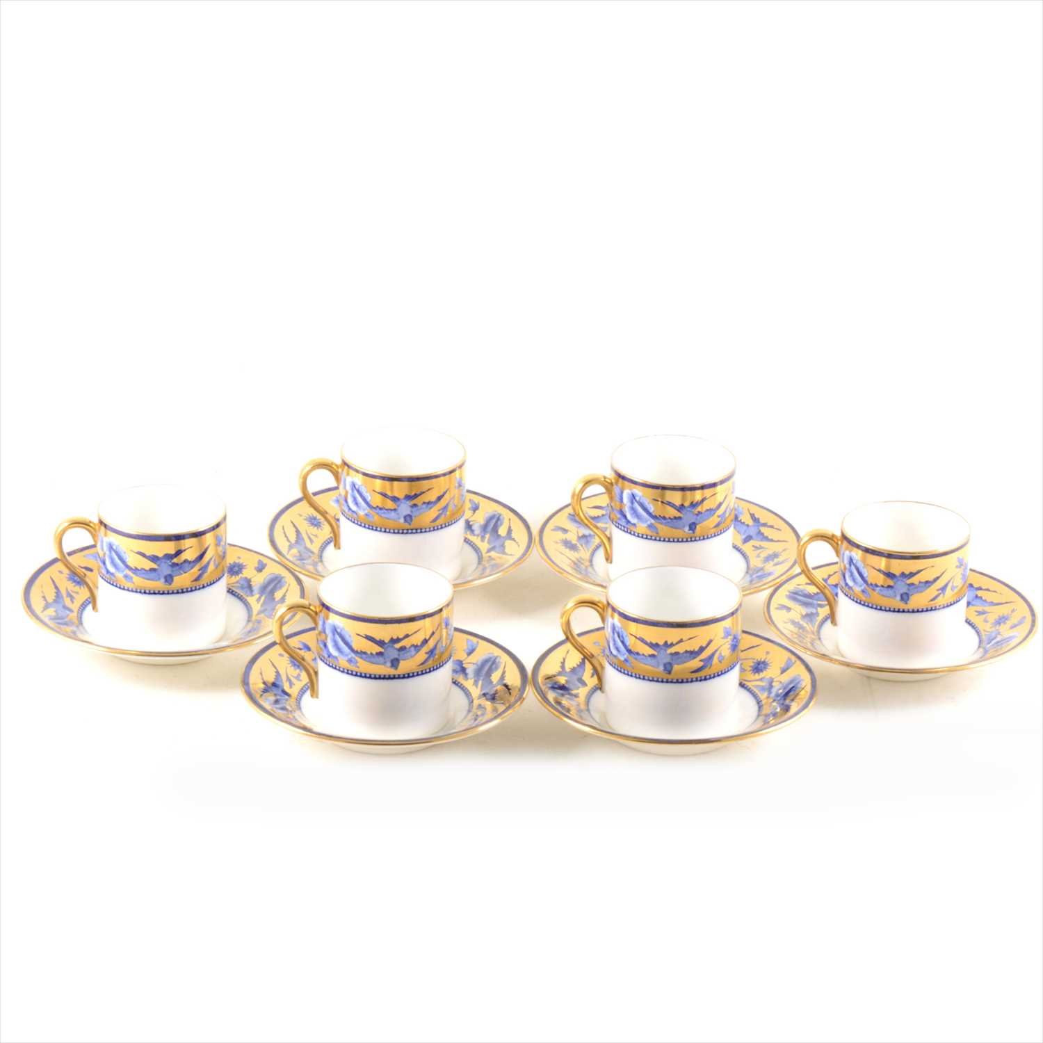 Lot 82 - A set of six Shelley bone china coffee cans and saucers, 'Blue Swallows' pattern