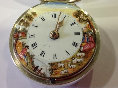 Lot 201 - A silver pair case pocket watch with coloured enamel dial.
