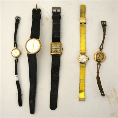 Lot 353 - Five vintage wrist watches with gold cases, all strap models, Hefik, Renown, Vertex, two un-named.