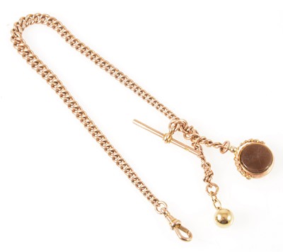 Lot 141 - A 9 carat rose gold single albert watch chain with fob.
