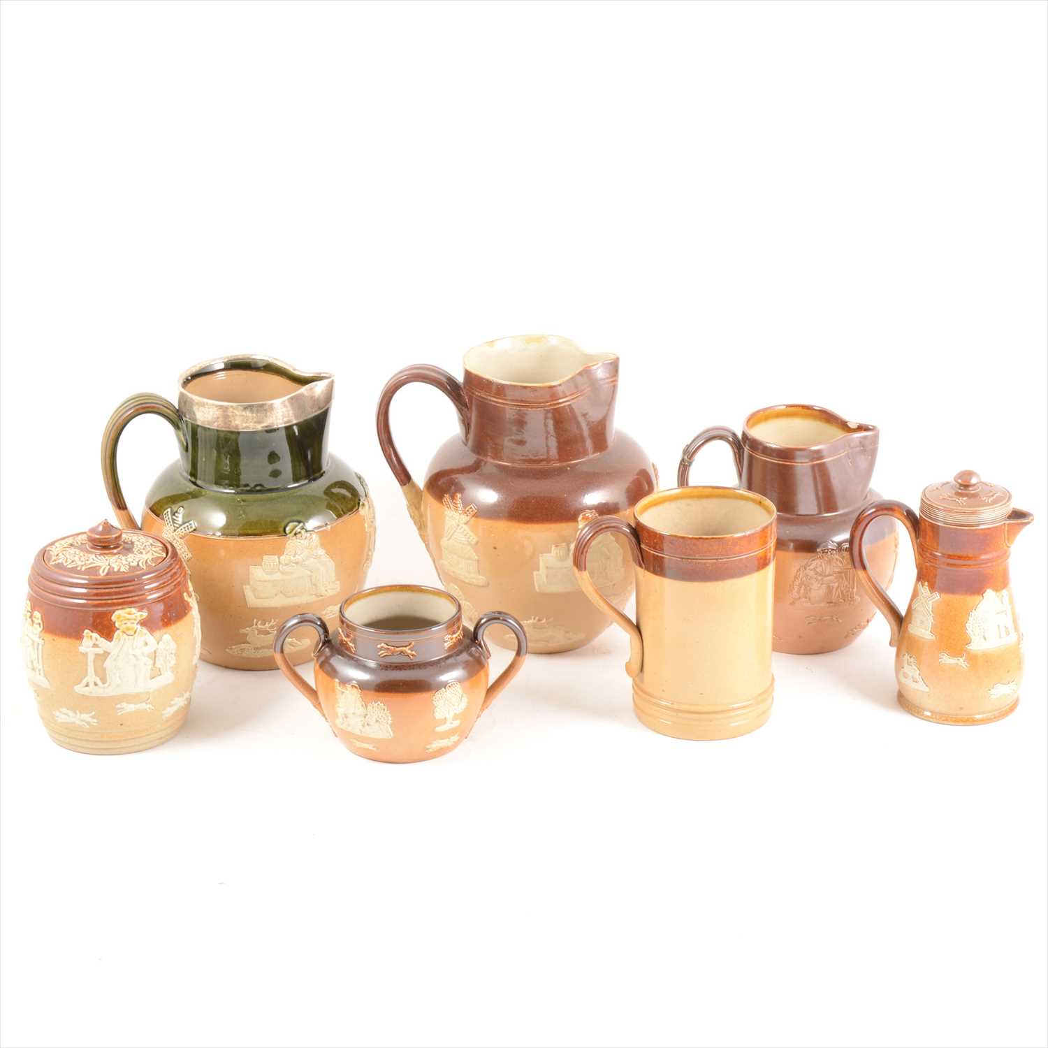 Lot 87 - A collection of Doulton Lambeth stoneware Hunting Series jugs, tyg, tableware, etc
