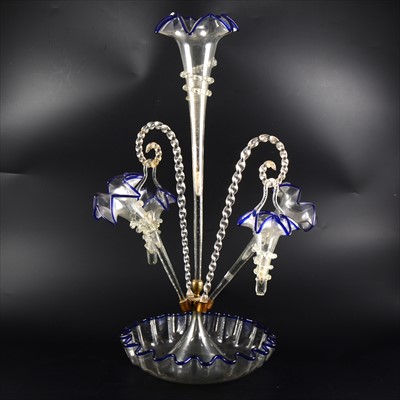 Lot 48 - A Victorian clear glass epergne with blue outlines