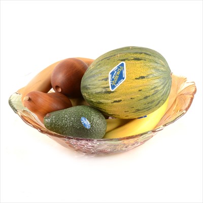 Lot 78 - A moulded glass fruit bowl, a collection of Penkridge ceramic fruit and wooden fruit.