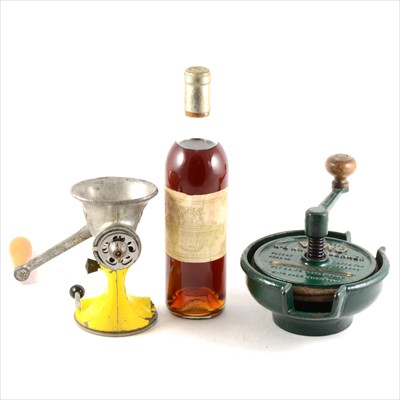 Lot 92 - Ch Filhot, Sauterne, 1969, one bottle, a Vono No. 2 Knife Cleaner and a boxed Spong Mincer in yellow.