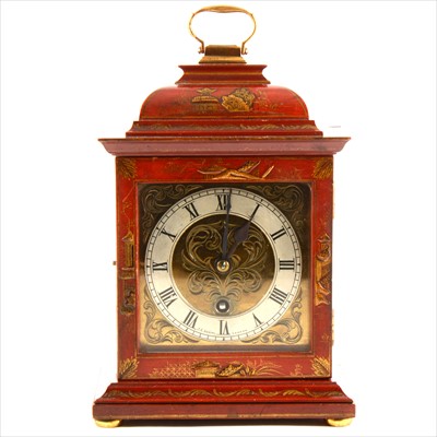 Lot 248 - A red lacquered and chinoiserie decorated mantel clock, signed J.C. Vickery, London