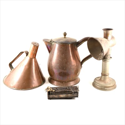 Lot 100 - A plated retractable travel light,, metal student's lamp, and a copper ewer.