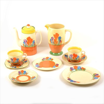 Lot 23 - Clarice Cliff - Crocus design large jug 18cm, coffee pot 16cm, two cups and saucers, three side plates.