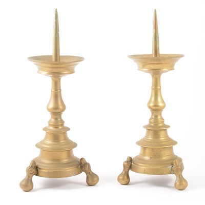 Lot 319 - A pair of brass pricket candlesticks, probably 18th century