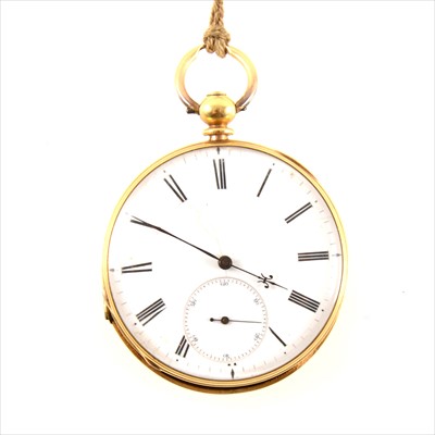 Lot 476 - A yellow metal open face pocket watch.