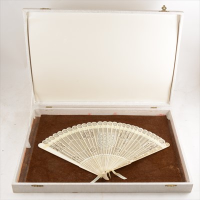 Lot 247 - Three ivory brisé fans and one bone and inlay ivory folding fan.