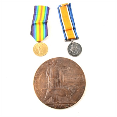 Lot 205 - Two World War One medals and a death plaque