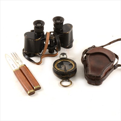 Lot 98 - Militaria - a marching compass, Canadian binoculars, embroidered case, canvas bag.