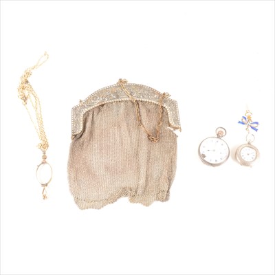 Lot 227 - Two silver cased pocket watches, a chain mail purse and pair of lorgnettes.