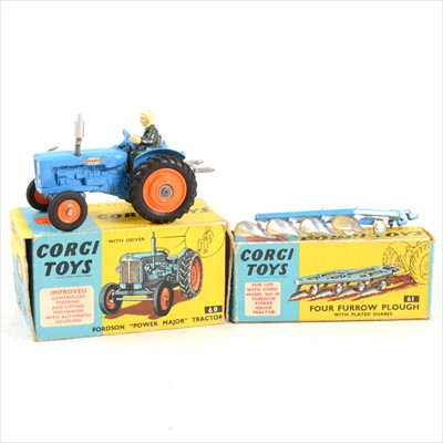 Lot 178 - Corgi Toys; no.60 Fordson 'Power Major' tractor, no.61 four furrow plough, both boxed.