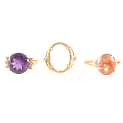 Lot 208 - A red rutile quartz and diamond ring, a purple and pink stone ring and a labradorite and diamond ring.