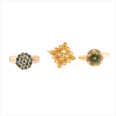 Lot 296 - Three gemset rings, yellow marquise shape, blue diamond, green paste.