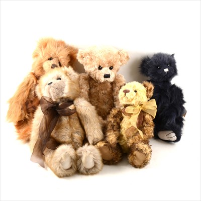 Lot 179 - Charlie Bears, "Teddy", 31cm, "Evie" 24cm, "Melody" 34cm, "Olly" 32cm, and one other, all but one have name tags.