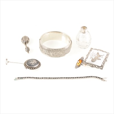 Lot 316 - A silver bark textured bangle, niello brooch, Siam brooch, marcasite ring, perfume bottle, pendant.