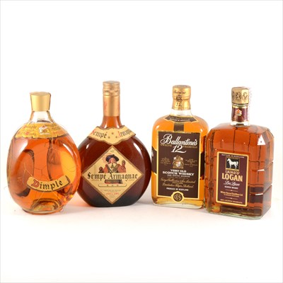 Lot 290 - Three bottles of Scotch blended whisky, and a bottle of Armagnac.