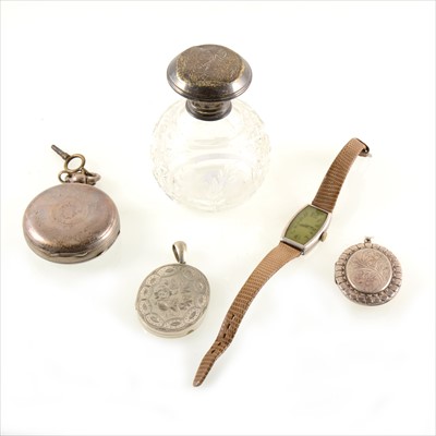 Lot 468 - Two silver lockets, silver wrist watch, silver topped perfume bottle, open face pocket watch.