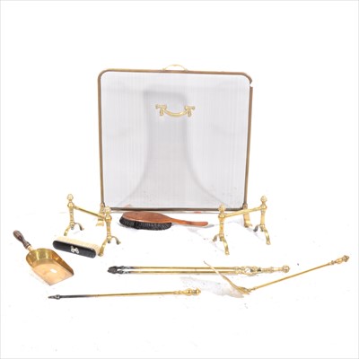 Lot 389 - A matched set of brass fire irons, a pair of brass andirons, a mesh fire screen, old shovel, etc.