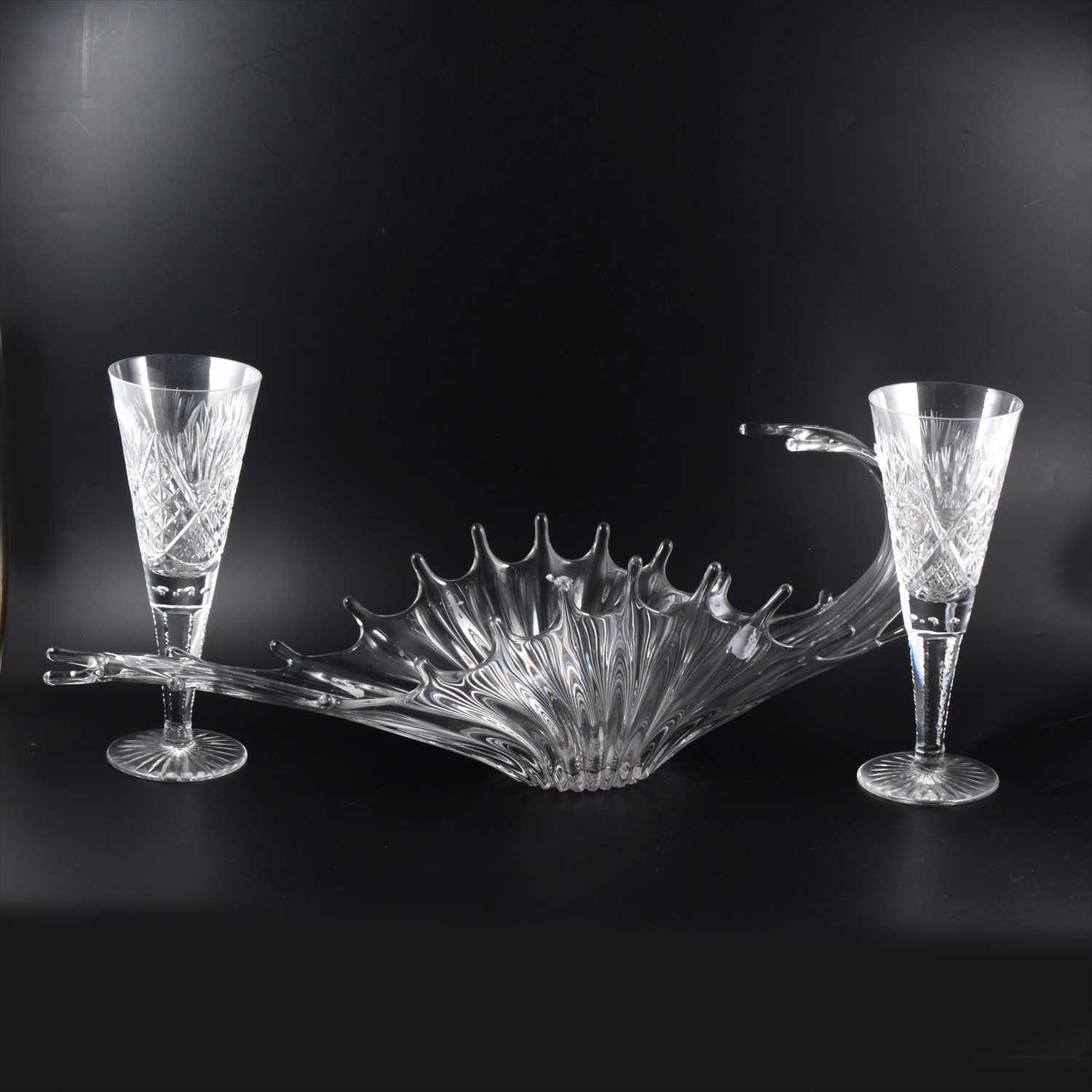 Lot 53 - A large contemporary 'Splash-form' glass centrepiece, trio of bowls and drinking glasses.