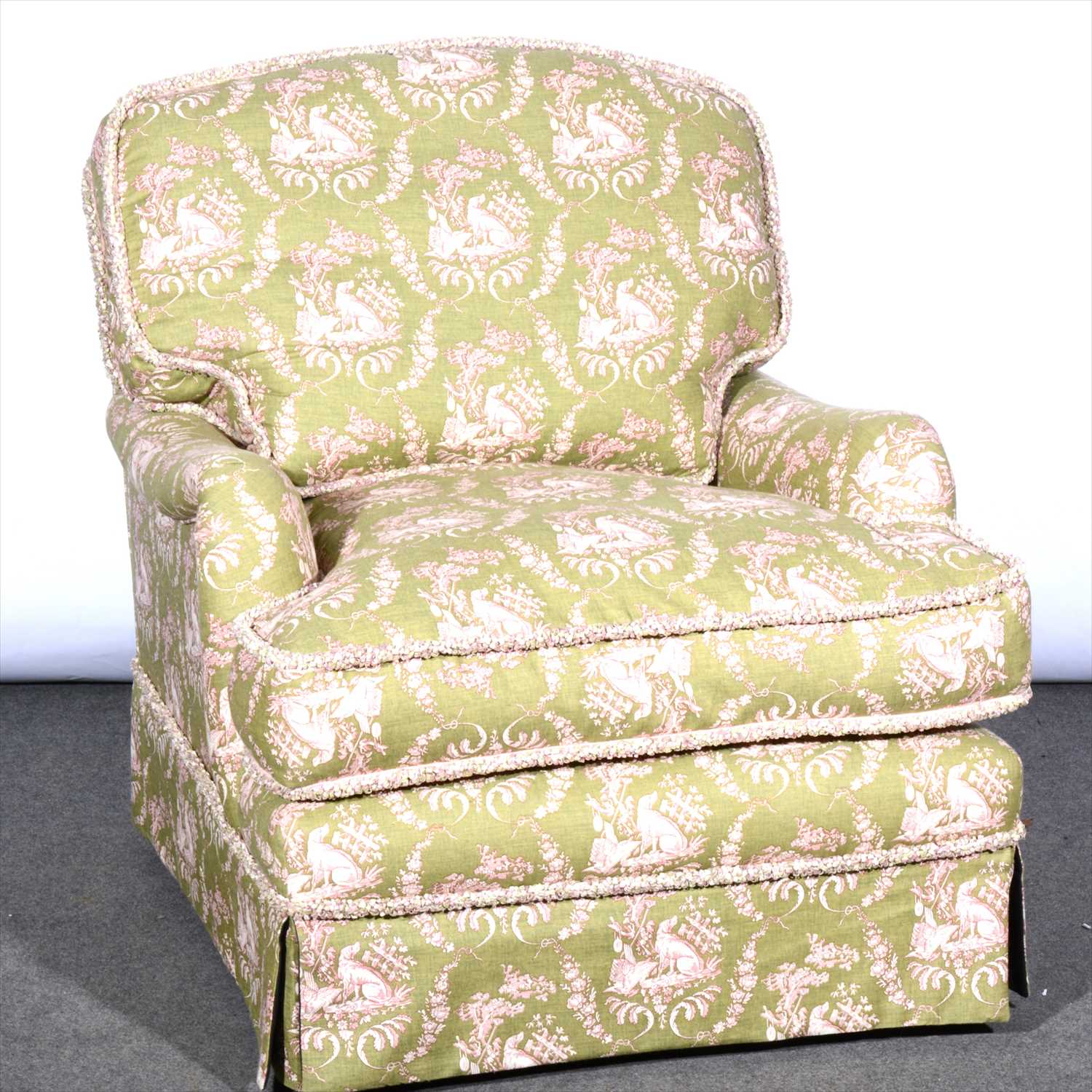 Lot 593 - Victorian easy chair, green upholstery with dog and pheasant design