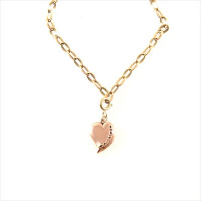 Lot 293 - A yellow metal flat link chain necklace with rose gold heart pendant.