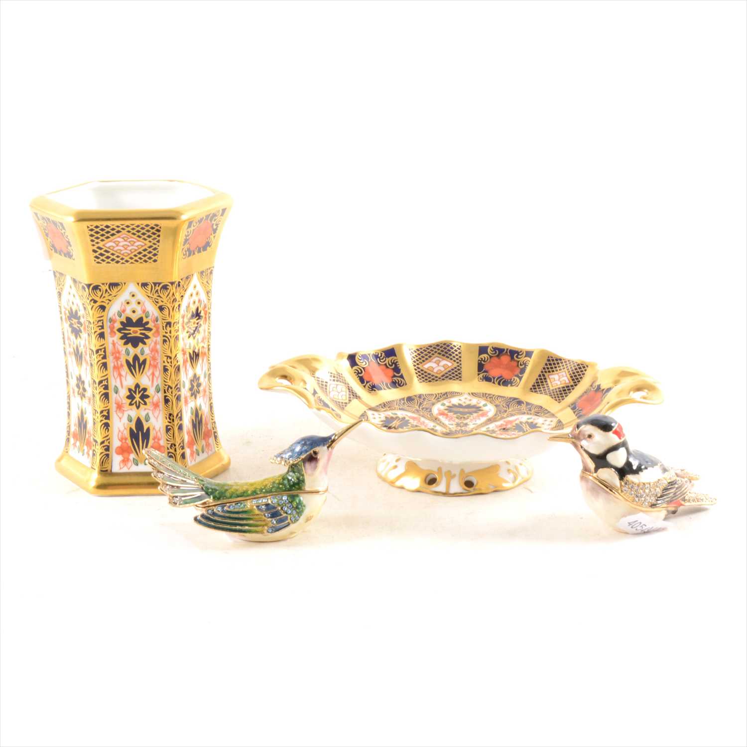 Lot 23 - A Royal Crown Derby Imari hexagonal vase, similar dish, and two enamel bird trinket pots