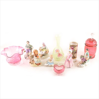 Lot 66 - Six figurines, three cranberry glass dishes/jars, a pale green glass vase, Spode cylindrical vase.