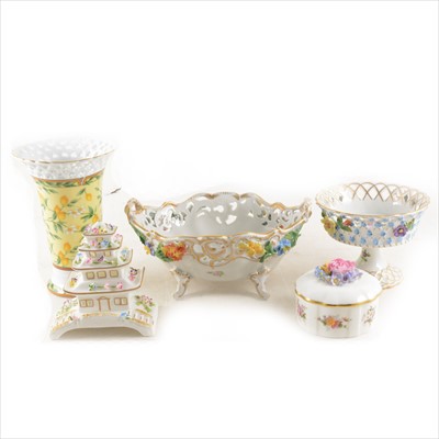 Lot 59 - A collection of Dresden, Spode and Coalport floral encrusted bowls, vases and Pagoda House.