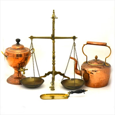 Lot 103 - Victorian brass beam balance scale, Doyle & Sons, and other metalware