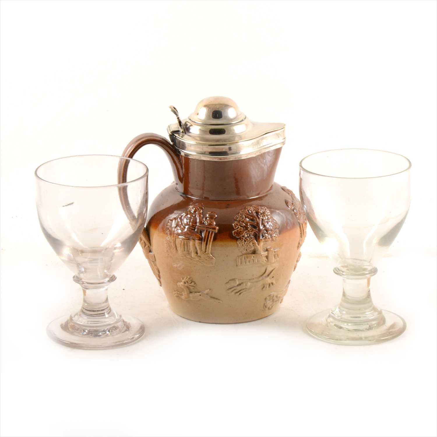Lot 16 - Two Victorian rummers and an earthenware jug with silver-plated lid.