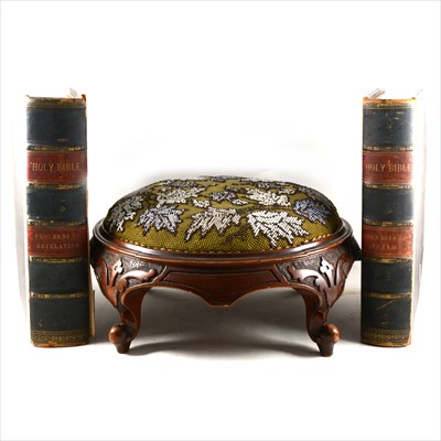 Lot 117 - Victorian beaded stool and two family bibles.