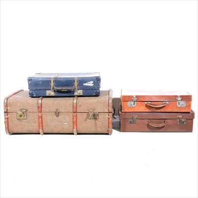 Lot 393 - Two vintage leather suitcases; a cloth suitcase and a trunk, (4).