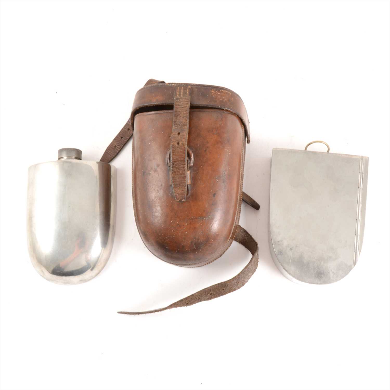 Lot 116 - Huntsman's leather case, containing a flask and sandwich box, marked James Dixon & Sons.