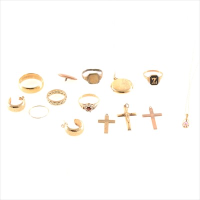 Lot 287 - A  collection of gold rings, earrings, crosses.