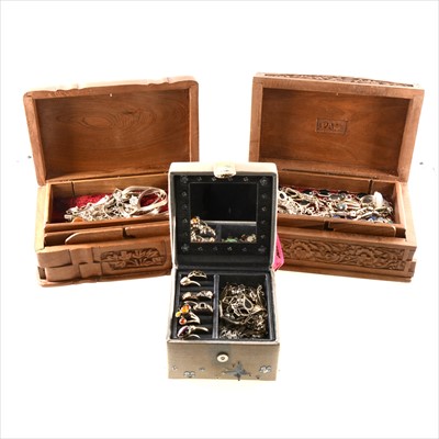 Lot 313 - Two wooden jewel boxes containing modern silver bracelets, rings and necklaces, and a silk box of rings and earrings