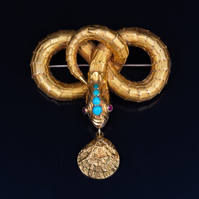 Lot 68 - A mid 19th Century yellow metal brooch, in the form of a coiled snake with simulated scales