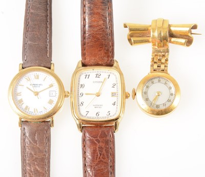 Lot 160 - A yellow metal lapel watch and two gold-plated wrist watches.