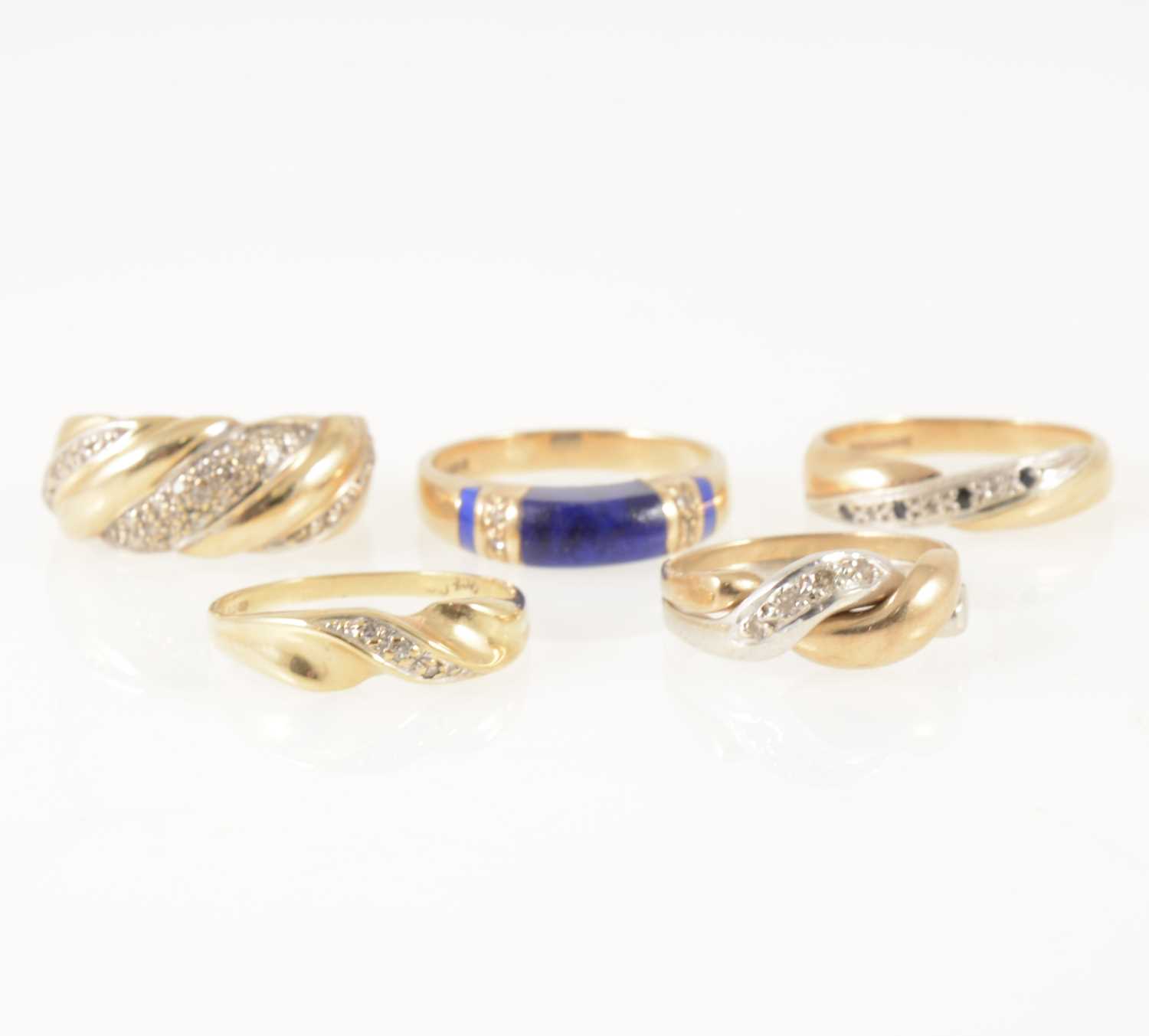 Lot 48 - Five various modern gemset rings and one gold ring.