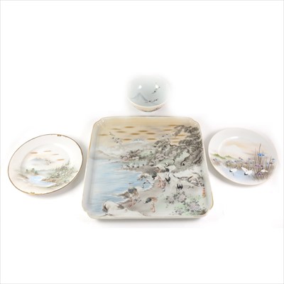 Lot 6 - A large Japanese porcelain tray with Cranes before mount Fuji, and three other porcelain items.